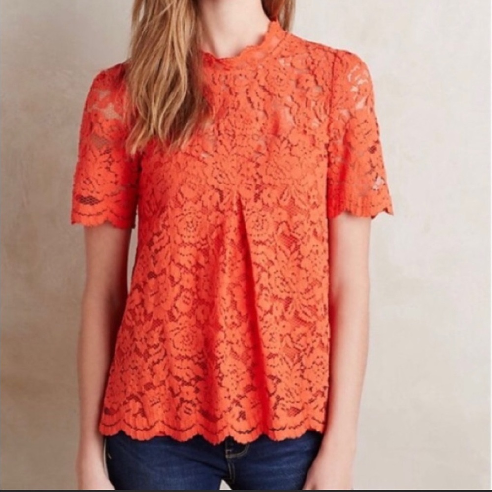Anthropologie high neck orange lace top.